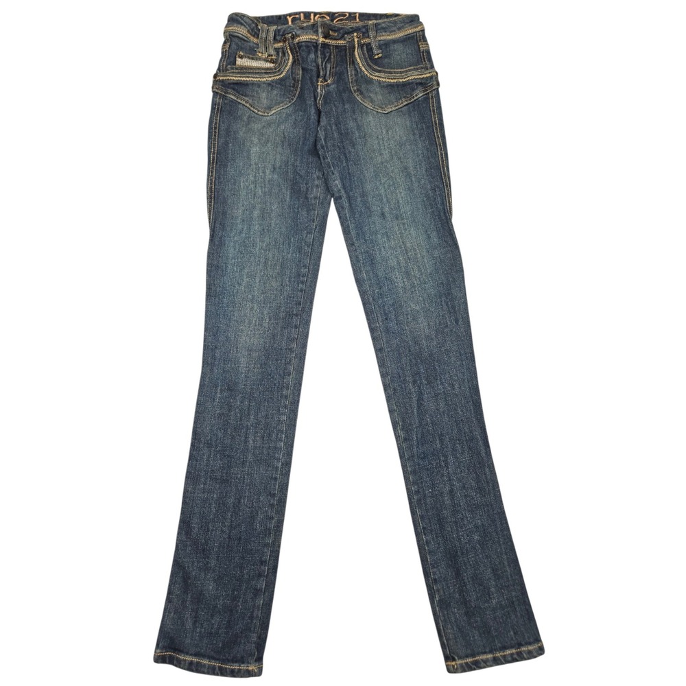 rue21 VTG Y2K Low Rise Straight Leg Jeans Blue Contrast Stitch Sz 1/2 BOHO